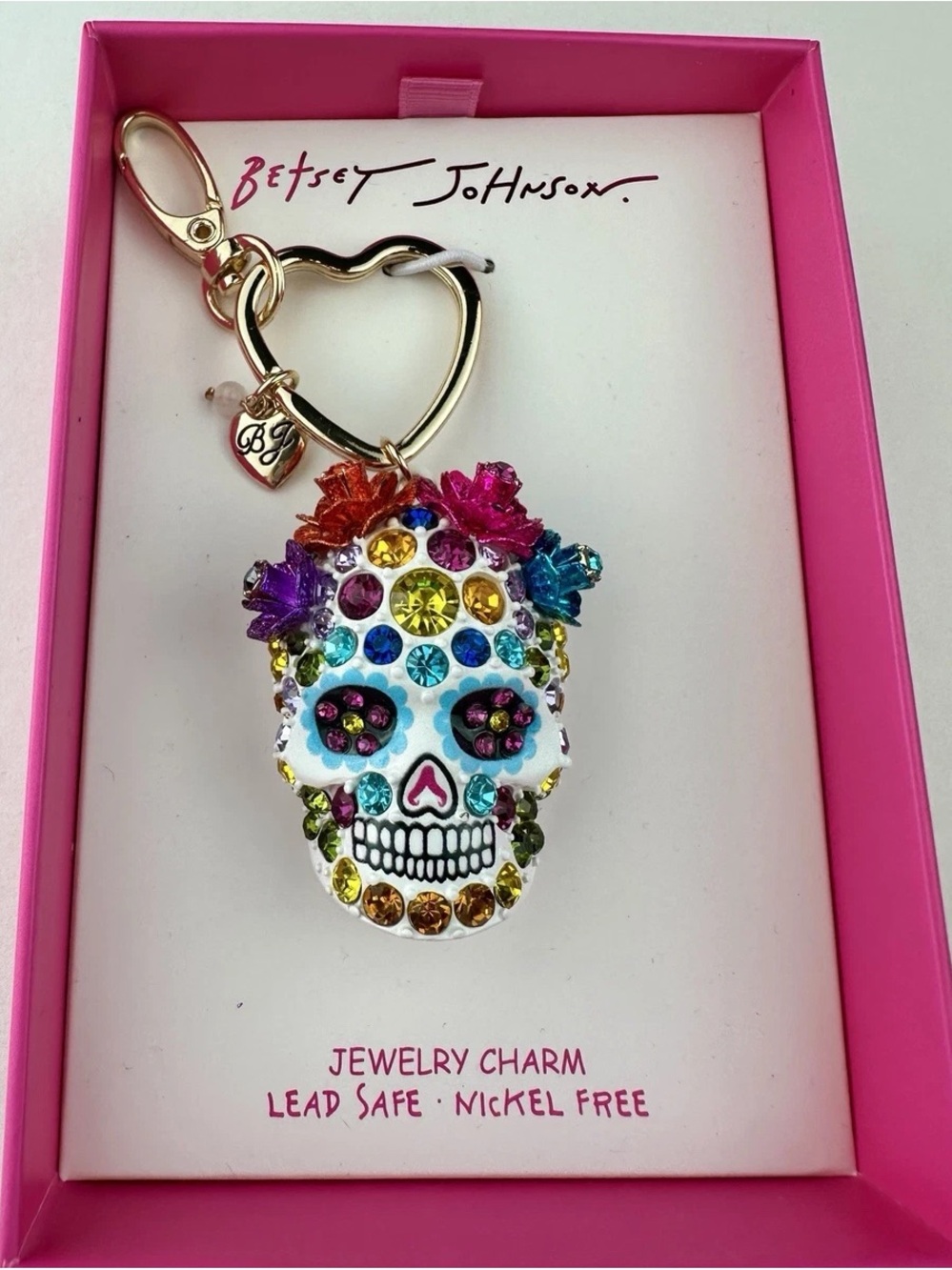 NWT Betsey Johnson Sugar Skull Jeweled Charm Keychain/Bag Charm Keychain